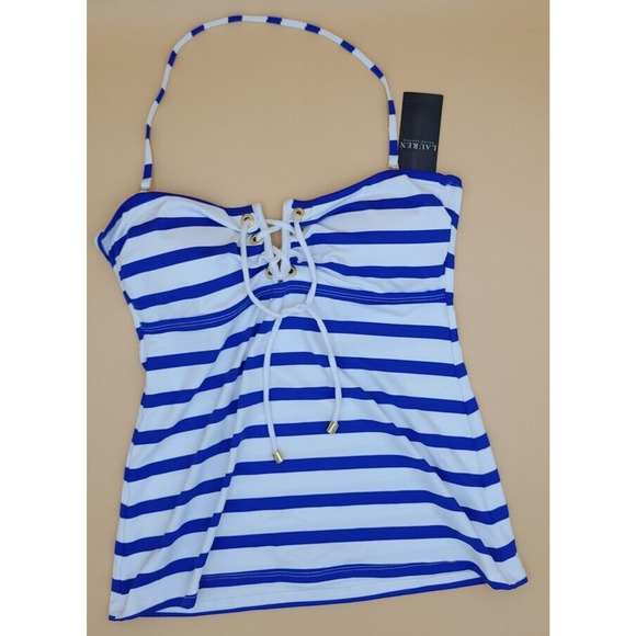 Ralph Lauren Port Stripe Lace Front Tankini Top Royal SIZE 8 NWT - Picture 3 of 5